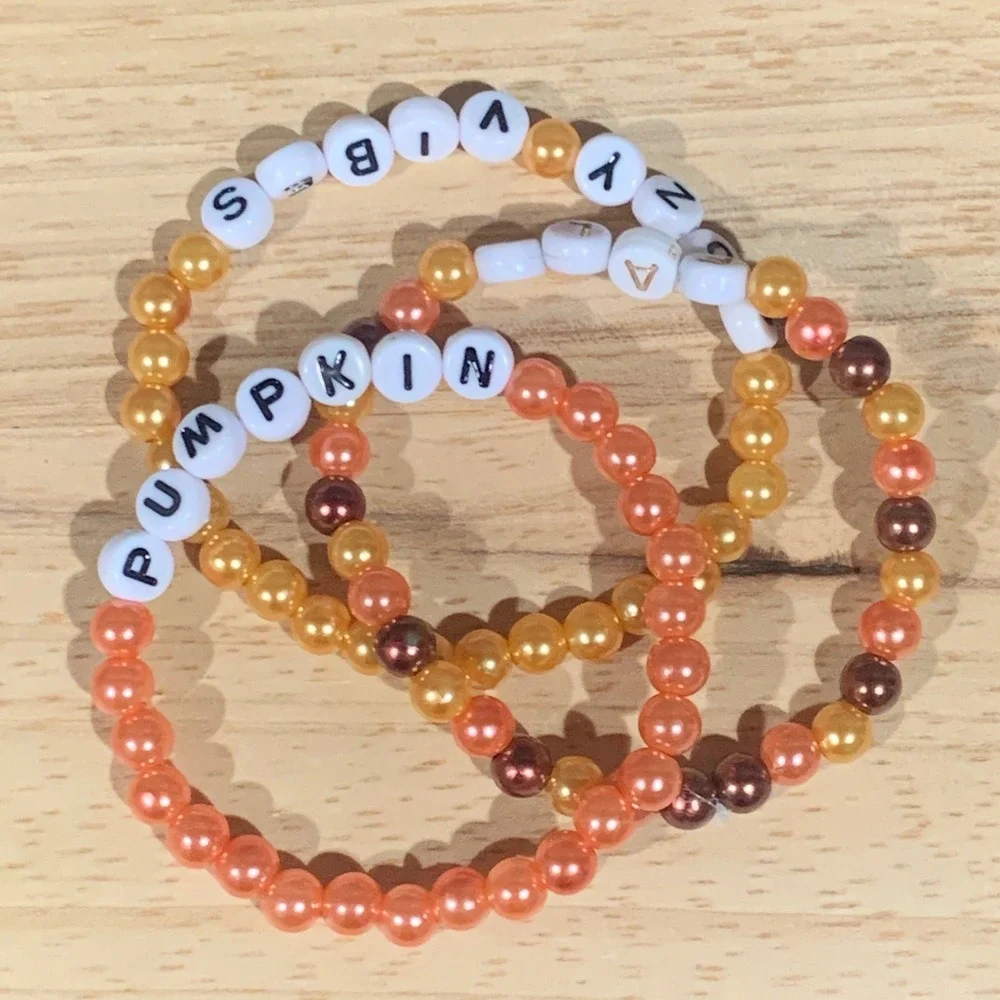 Handmade Fall Beaded Bracelet Set Pumpkin‎ Cozy Vibes Autumn Jewelry 3pc Orange